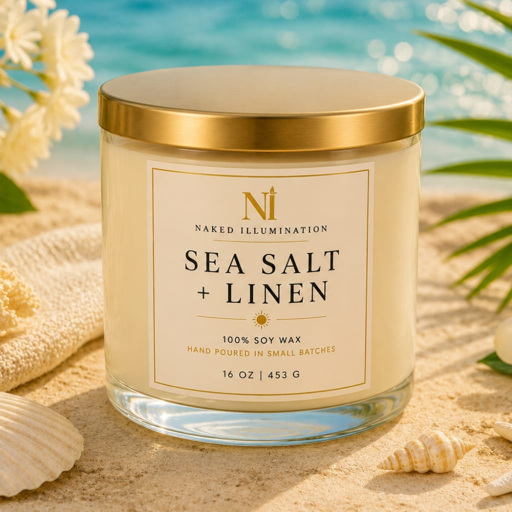 Sea Salt + Linen | 16 oz Luxury Soy Candle | Triple Wick Coastal Candle
