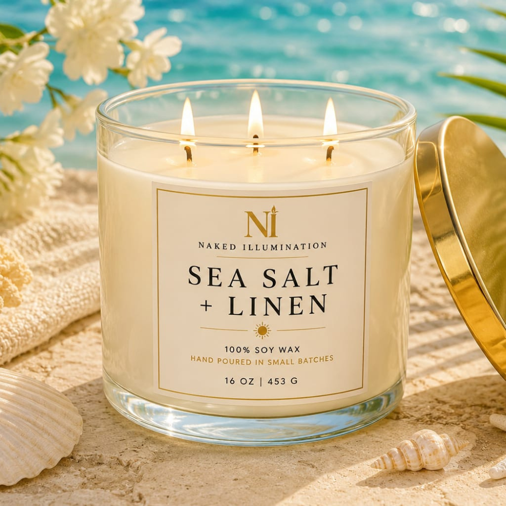 Sea Salt + Linen | 16 oz Luxury Soy Candle | Triple Wick Coastal Candle