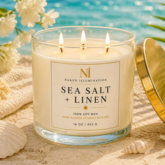 Sea Salt + Linen | 16 oz Luxury Soy Candle | Triple Wick Coastal Candle